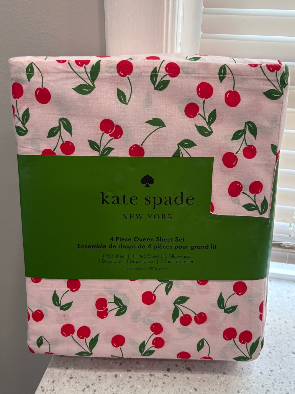 NEW Kate spade Pink Cherry Print Queen Sheet Set “Cherry Toss” Print